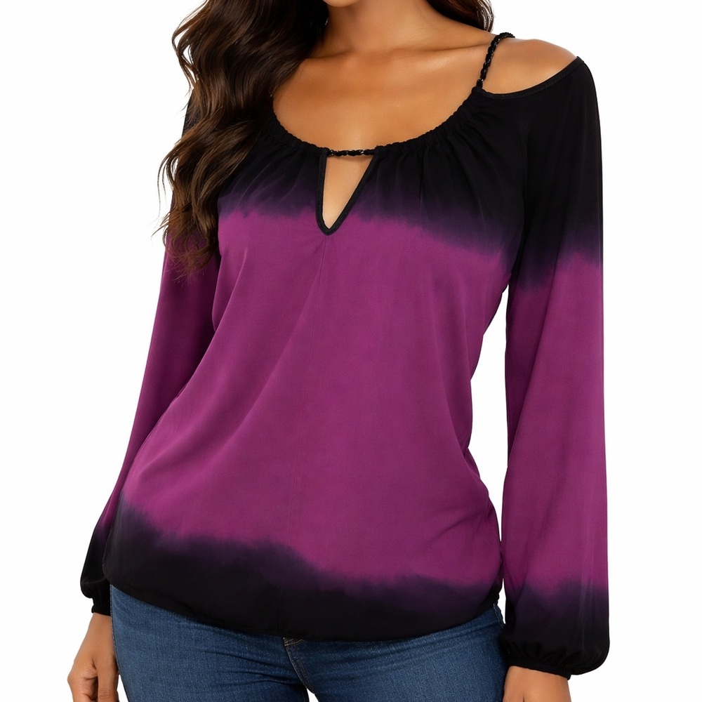 Rock & Roll Cowgirl Purple and Black Ombre Cold-Shoulder Blouse